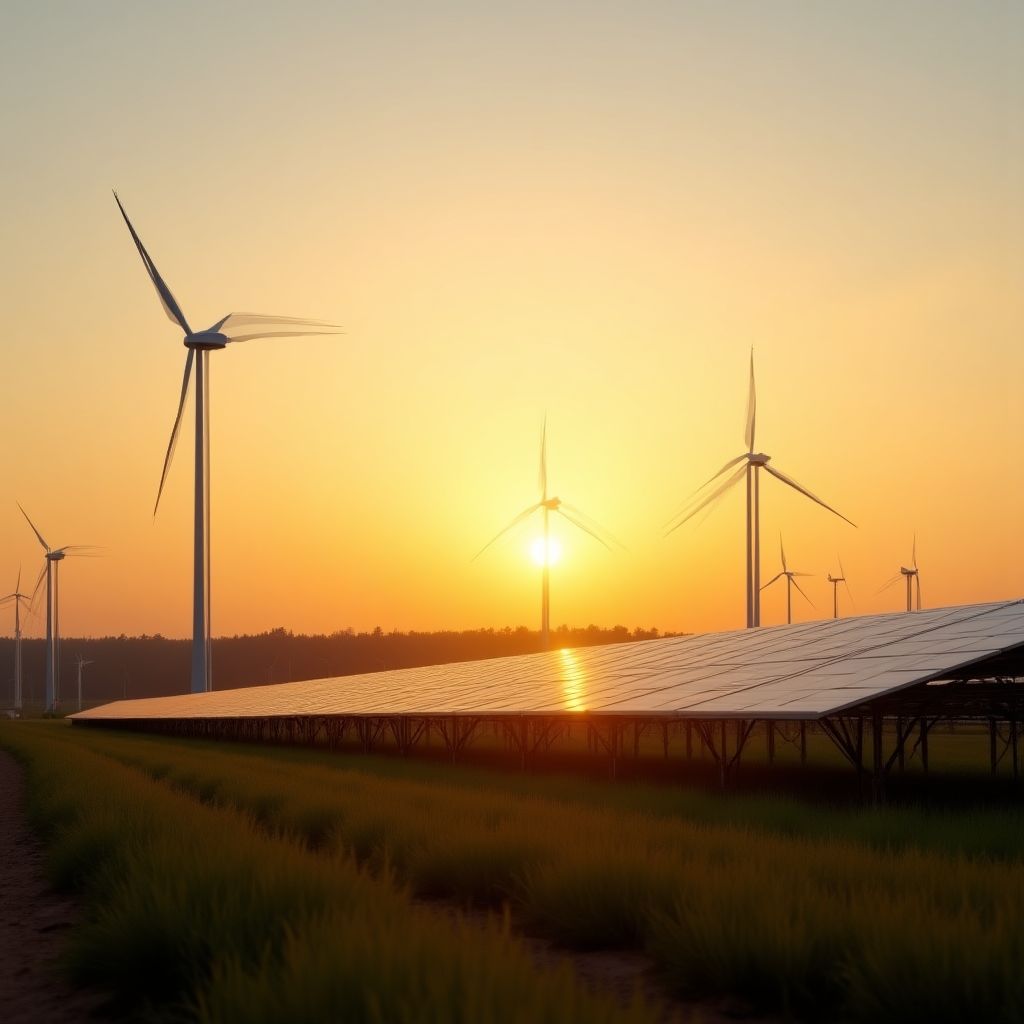 Energía eólica y paneles solares simbolizando inversión sostenible.