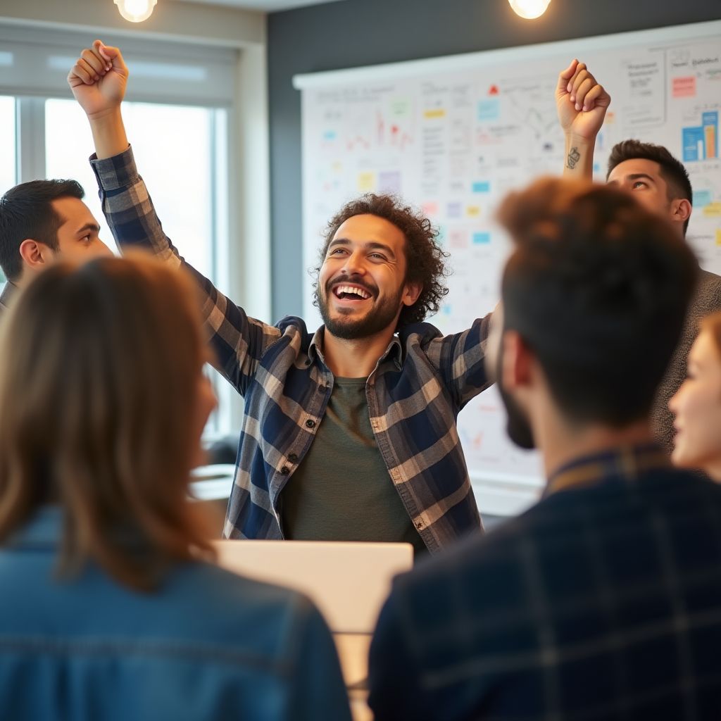 Equipo de una startup tecnológica celebrando.
