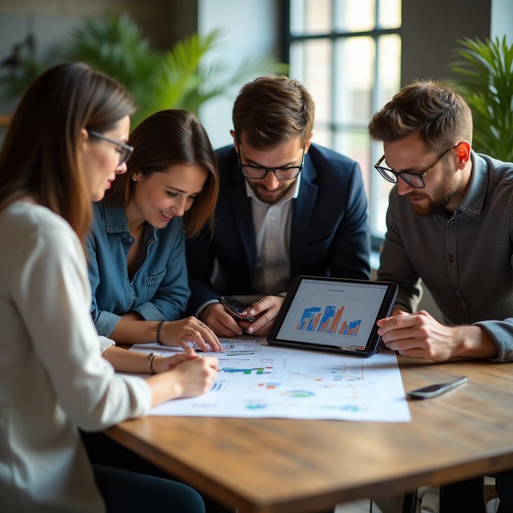 Equipo de consultores financieros analizando gráficos en una oficina moderna.